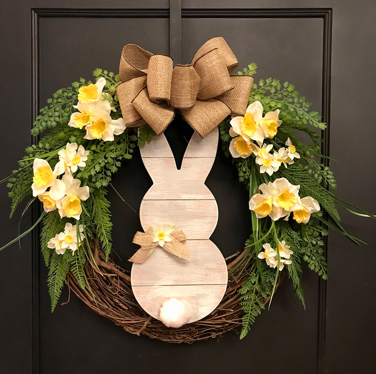 Wood Bunny with Daffodils and Bow Vine Wreath