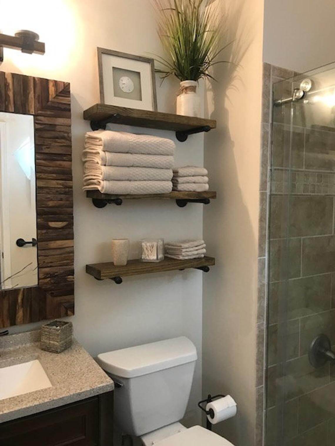 Pipe and Wood Shelves for Bathroom Storage