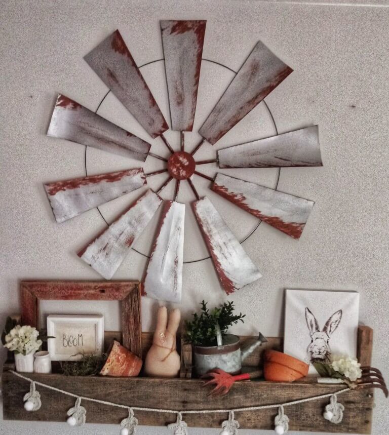 Weathered and Red Metal Farm Windmill