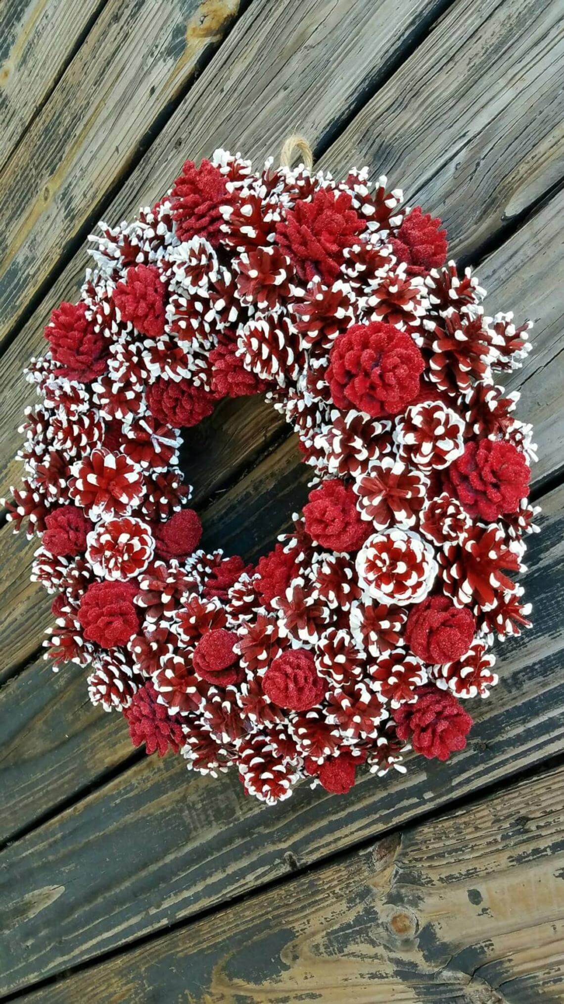 Unique Crimson and White Painted Pine Cone Wreath