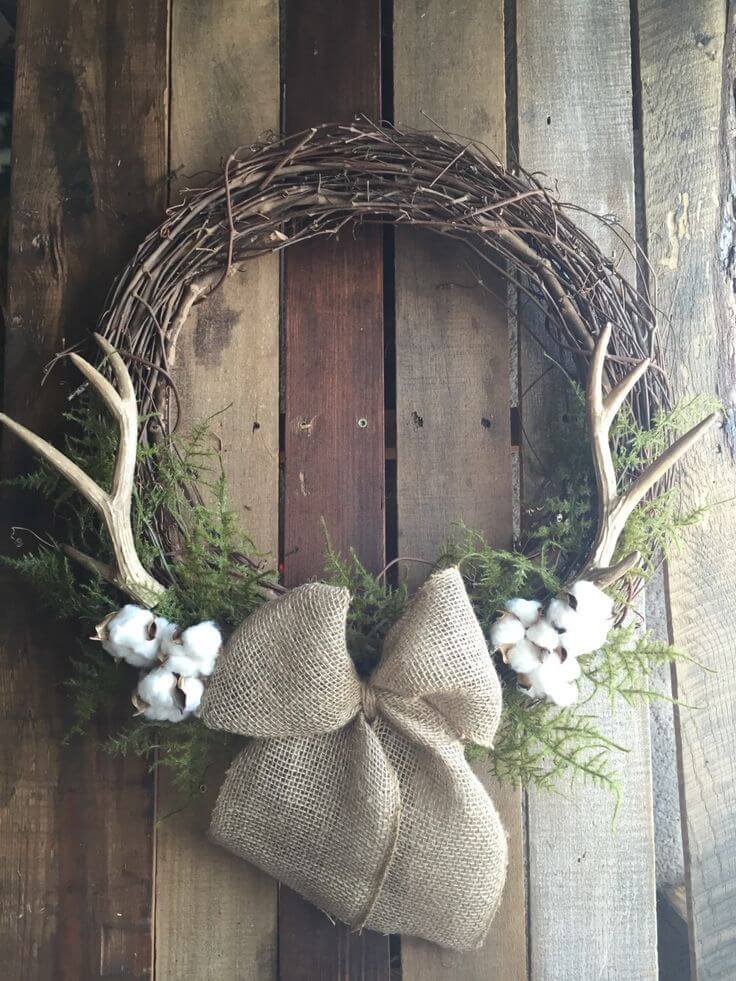 Unique Wreath with Antler Branches and Cotton