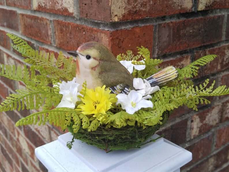 Moss Wrapped Nest with Perched Bird Inside