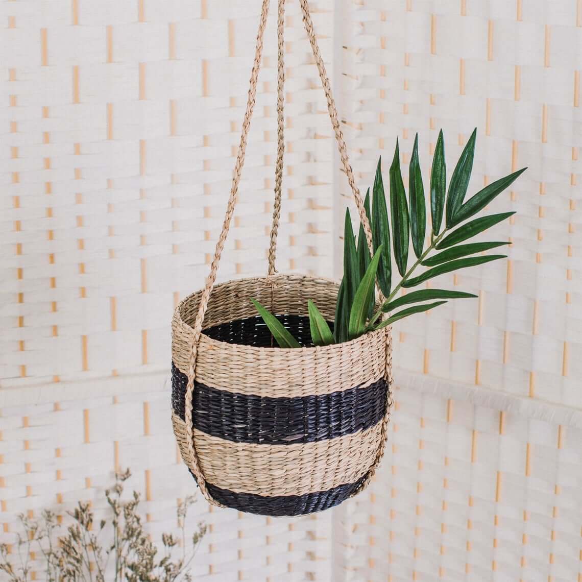 Bold Black and Beige Striped Hanging Planter