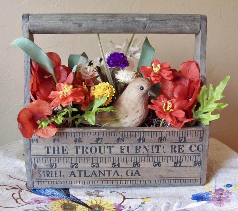 Wooden Tool Case Filled with Bird, Nest and Flowers