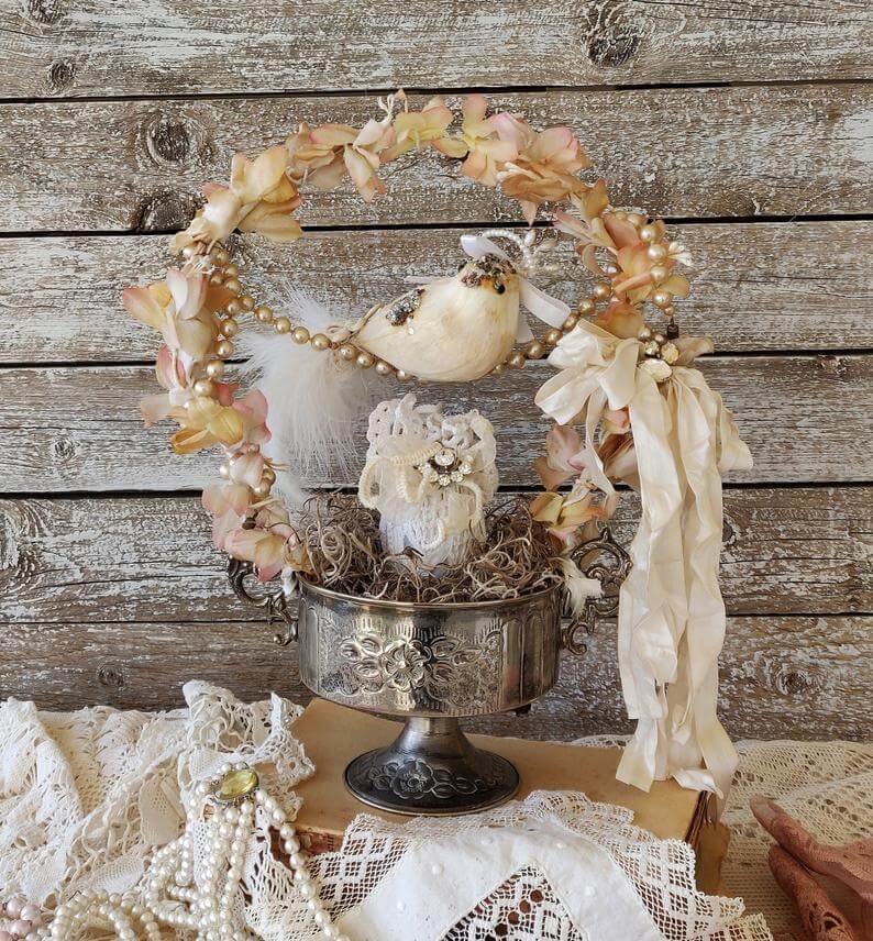 Metal Silver Vintage Bowl on Pedestal with Bird Perched on Pearl Strand