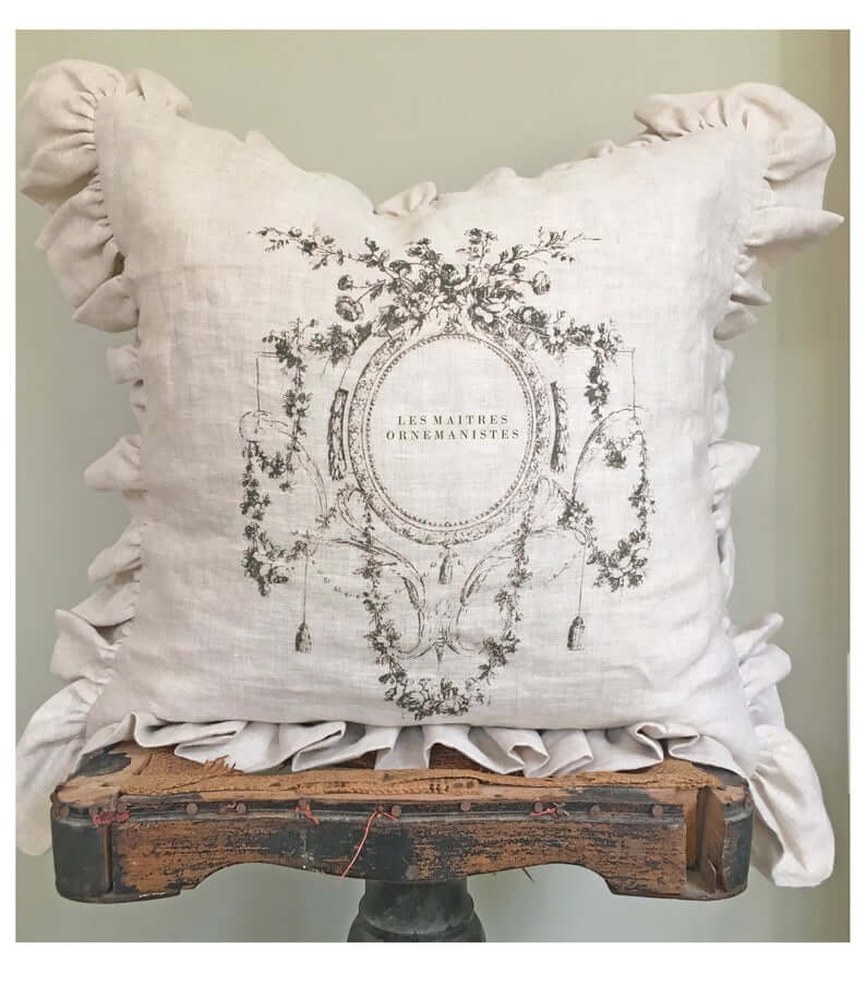 Old White Linen Ruffled Throw Pillow