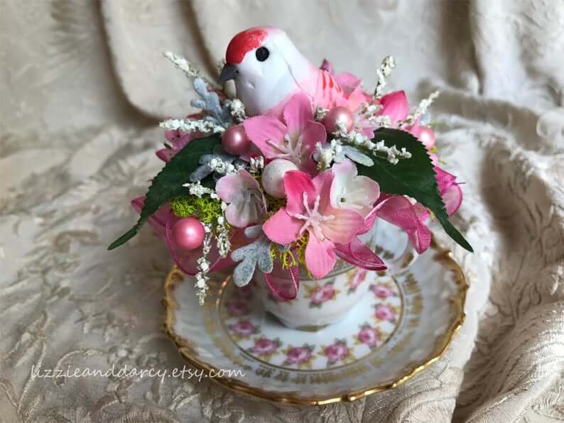 Vintage Victorian Tea Cup with Gold Trim Bird Nest Spring Decor