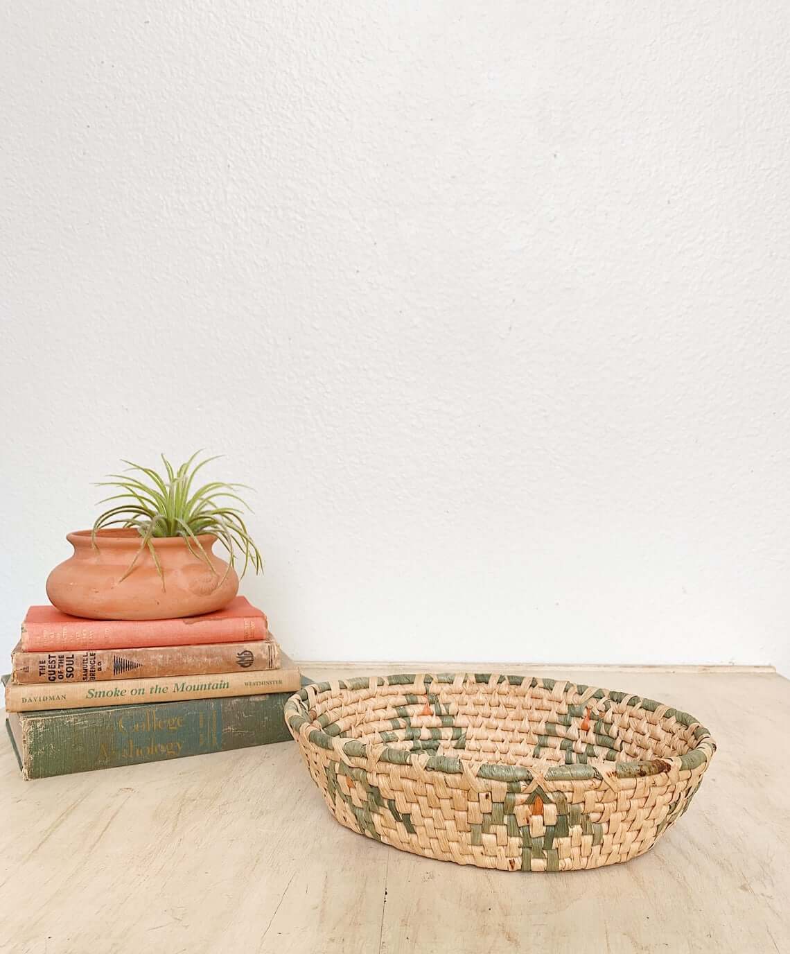 Tribal Design Beige and Green Shallow Basket