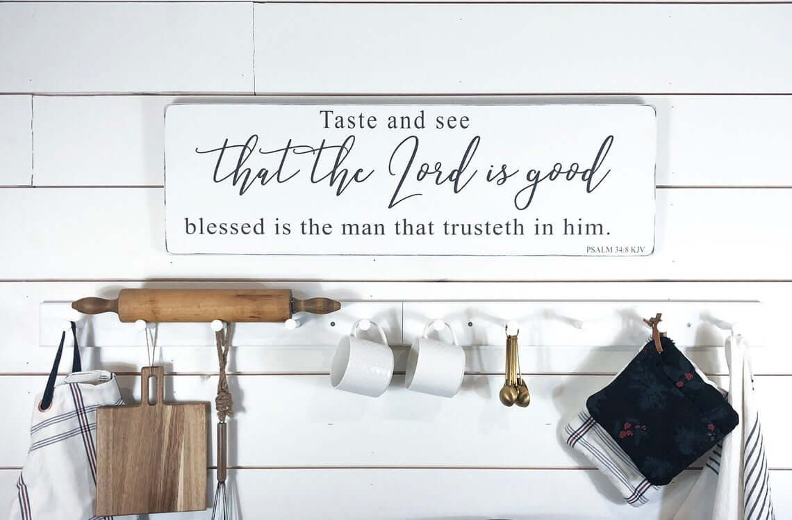 Pretty Scripted White Bible Scripture Kitchen Sign