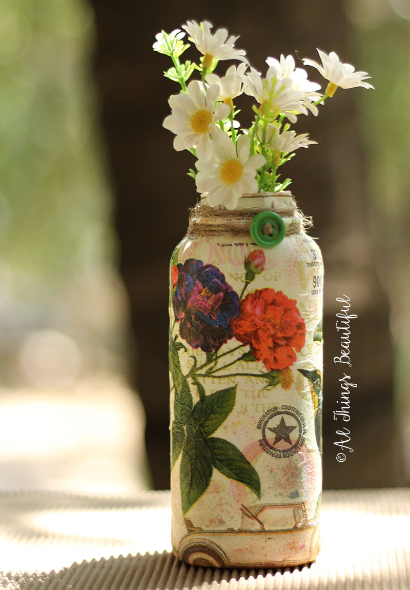 Decoupage Vintage Floral Motif Covered Vase