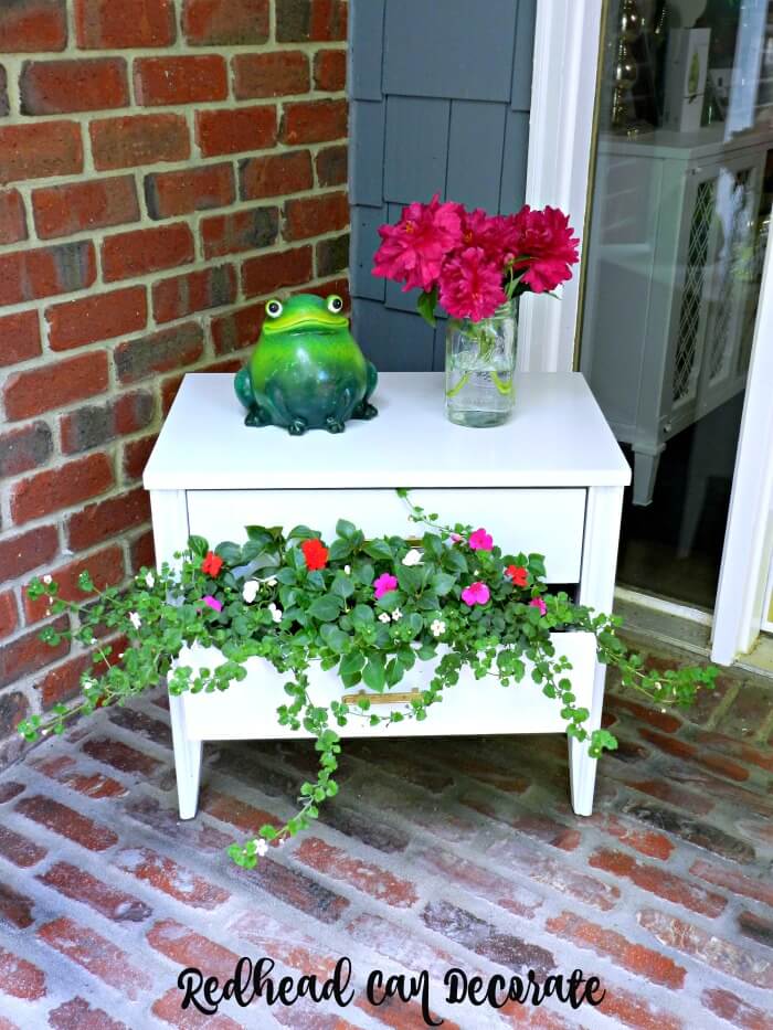 White Reclaimed Nightstand with Green Frog Figurine