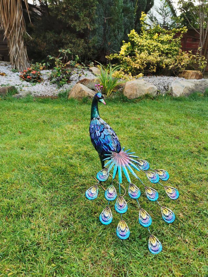 Bold and Proud Iridescent Peacock Garden Statue