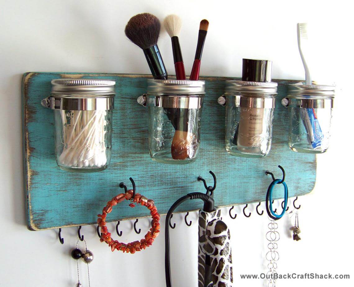 Charming Turquoise Mason Jar and Hook Organizer