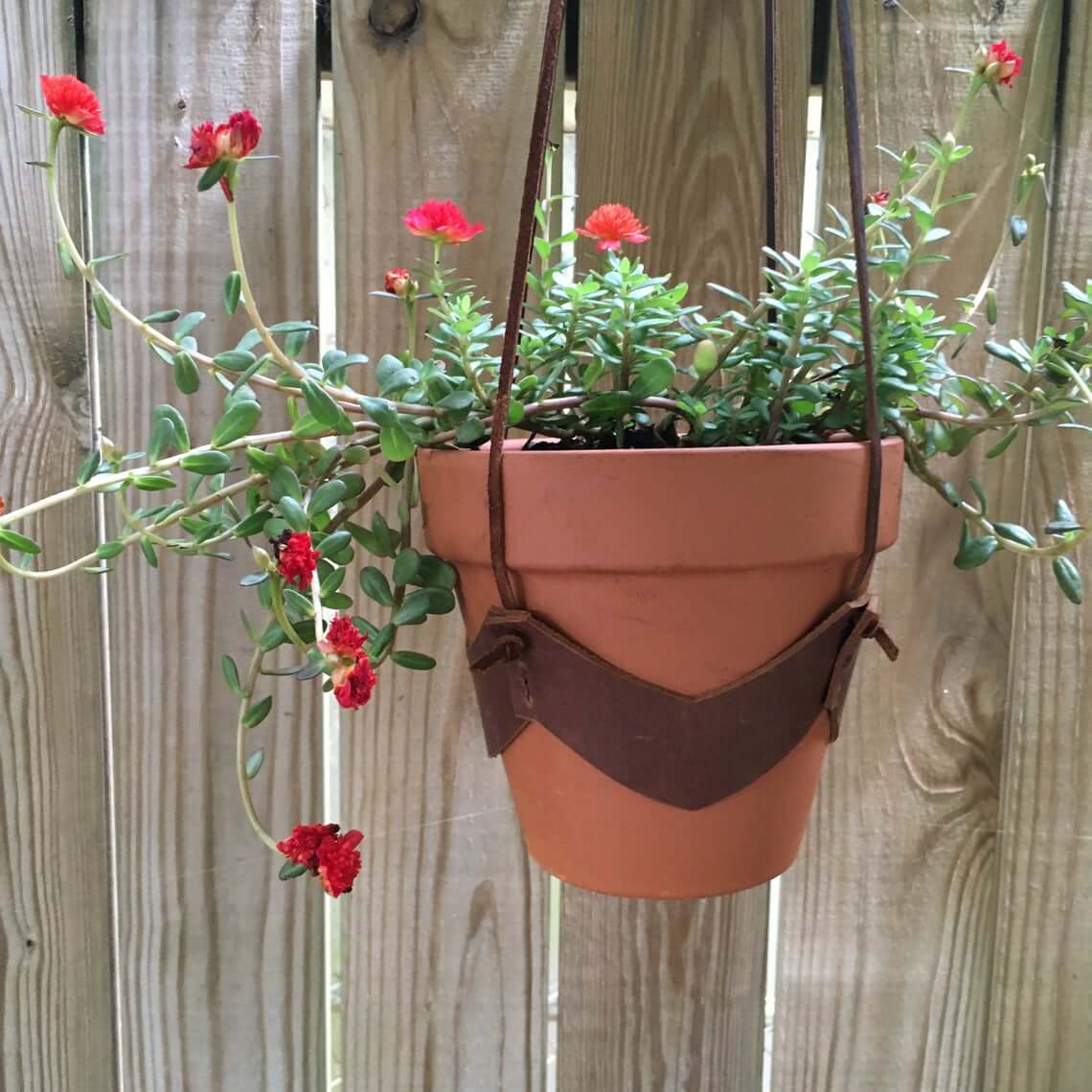 Brown Leather Chevron Hanging Plant Holder