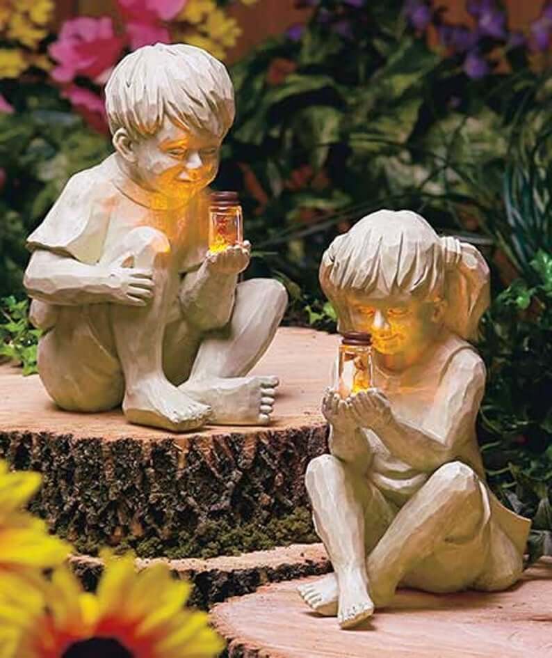 Sweet Children Catching Fireflies Garden Sculptures