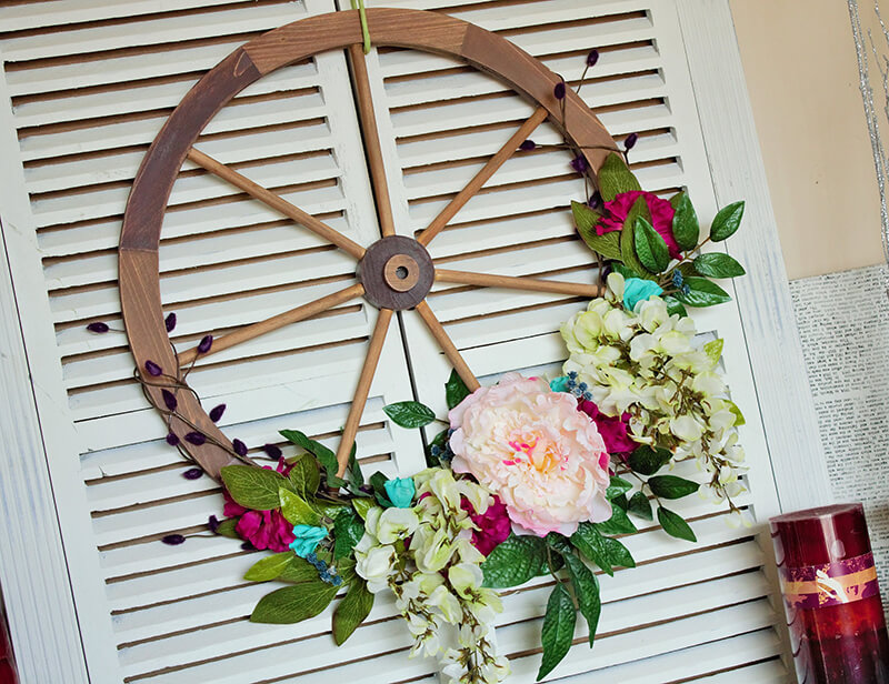 Wagon Wheel Wreath with Various Flowers