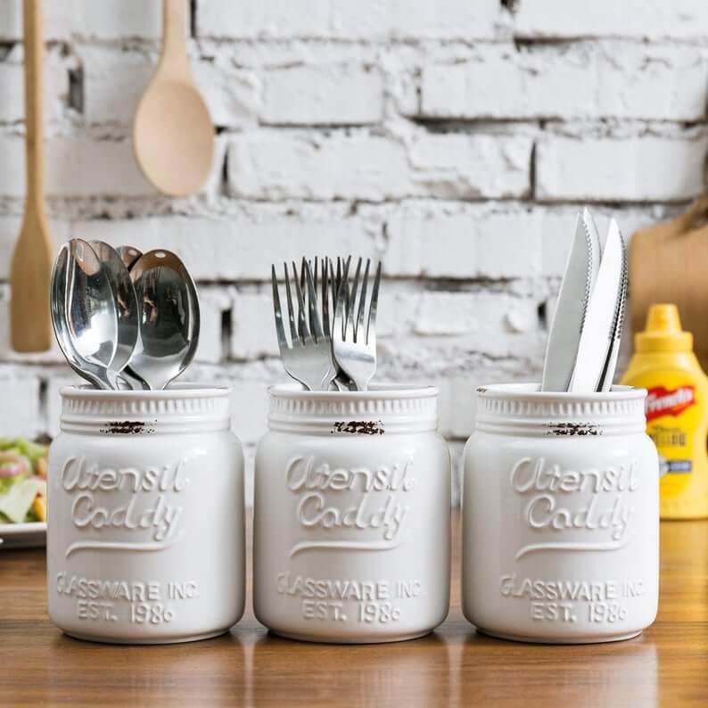 Ceramic Mason-Jar-Style Utensil Caddy Set in White