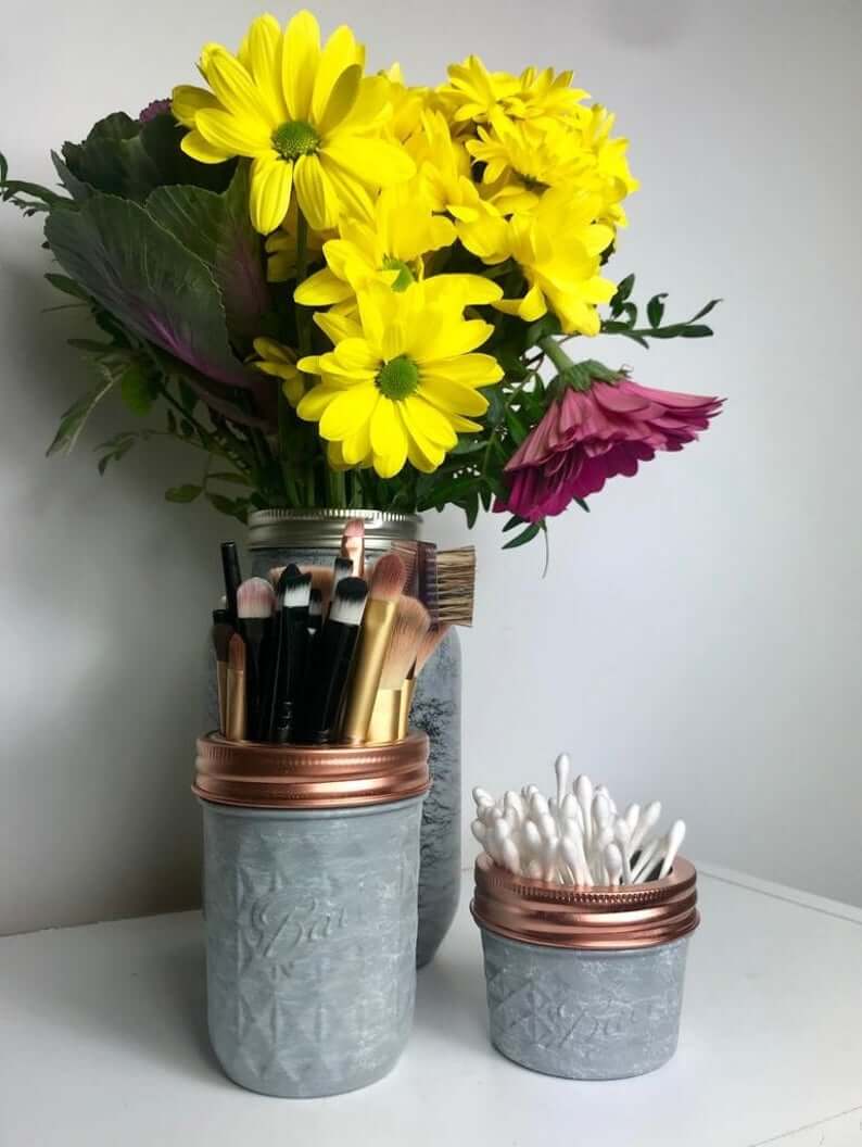 Hand-Painted Gray Marble Jars with Copper Rings