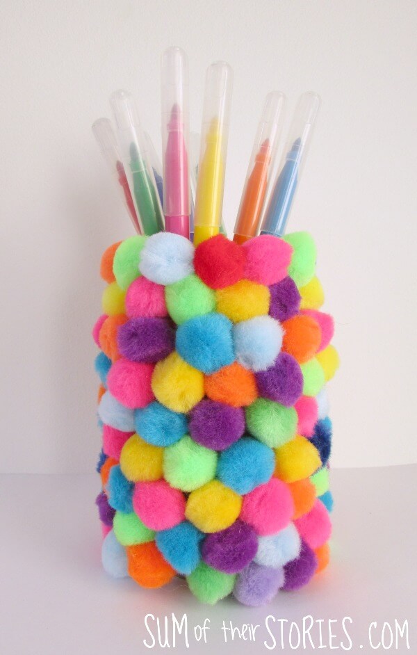 DIY Pom Pom Covered Pencil Jar