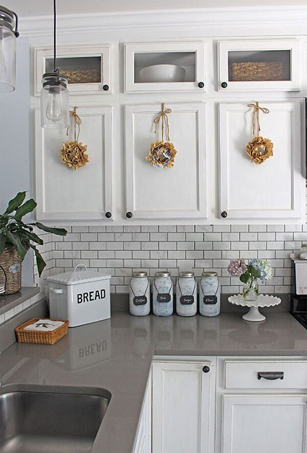 DIY Kitchen Cupboard Wreaths and Canisters