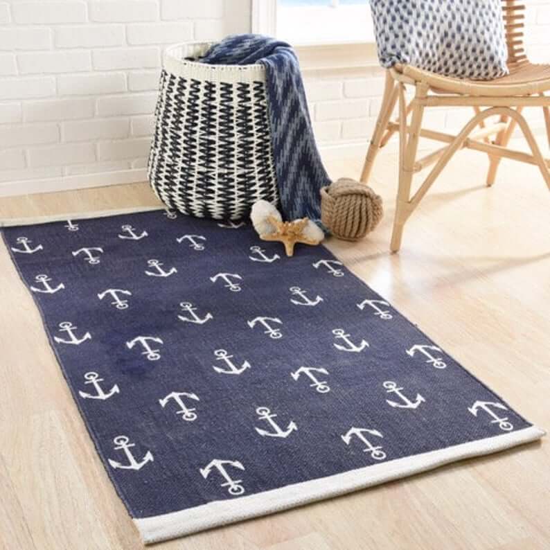 Anchors Away Nautical Blue and White Rug