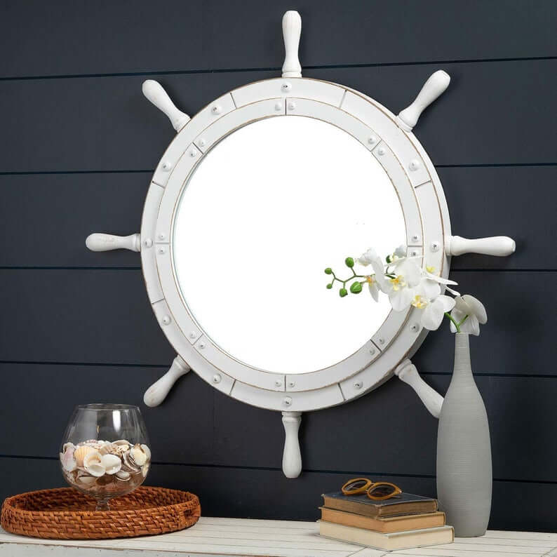 White Ship's Wheel Decorative Mirror