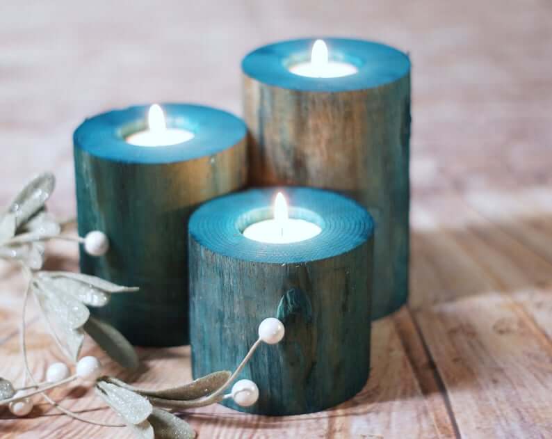 Sea Blue Dyed Wooden Tea Light Holders