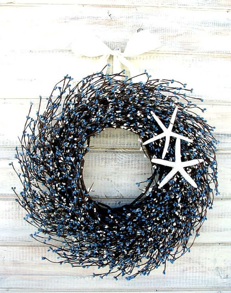 Blue Beaded Berry Nautical Starfish Wreath