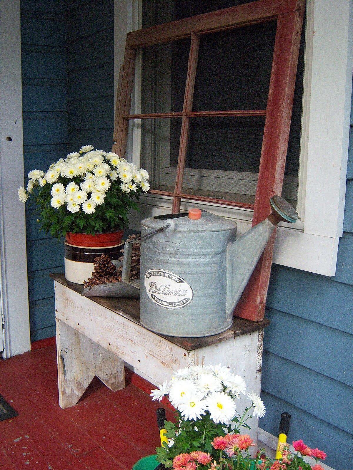 Window Pane and Watering Can Porch Display