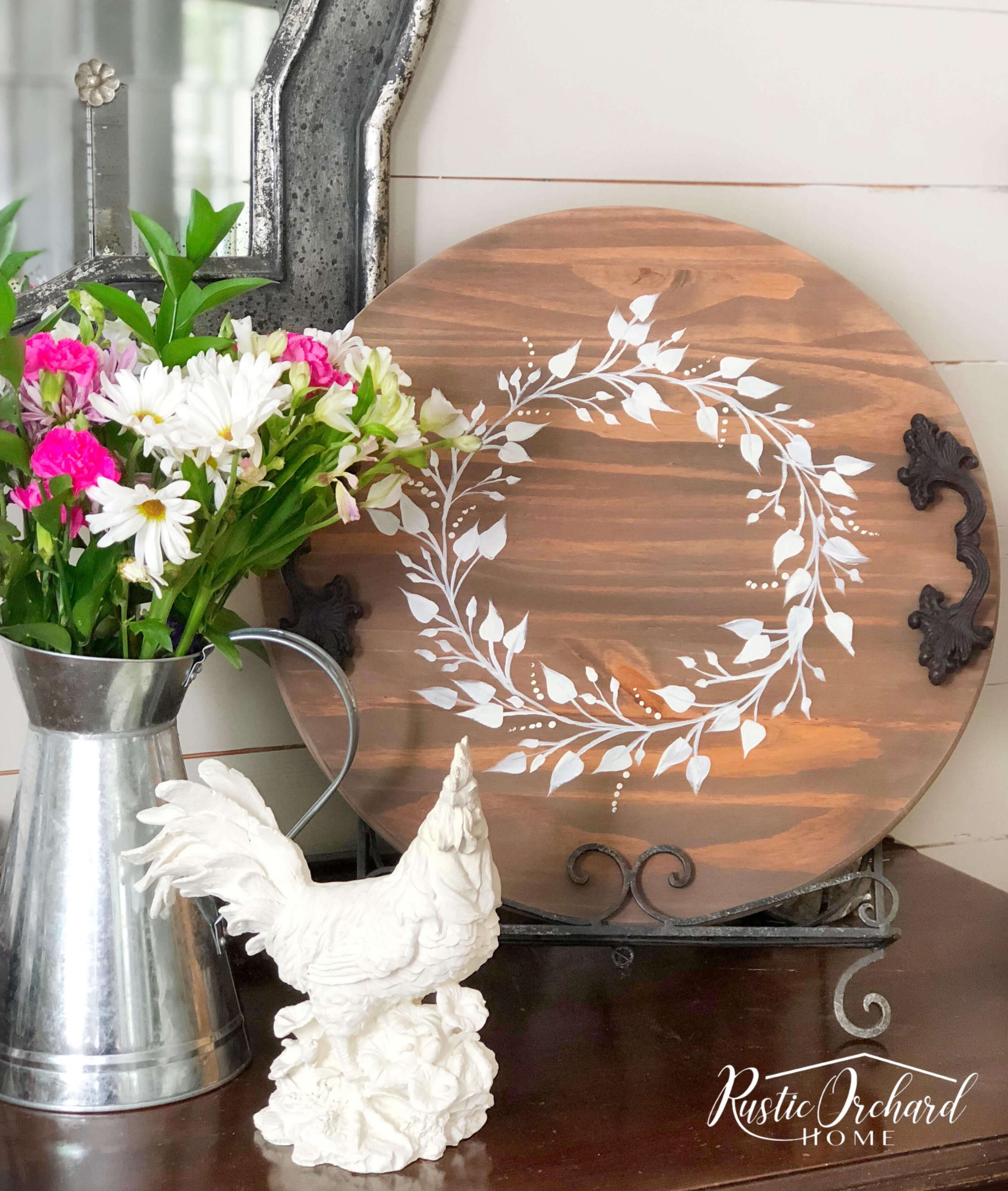 White Wreath Stenciled on Circular Board