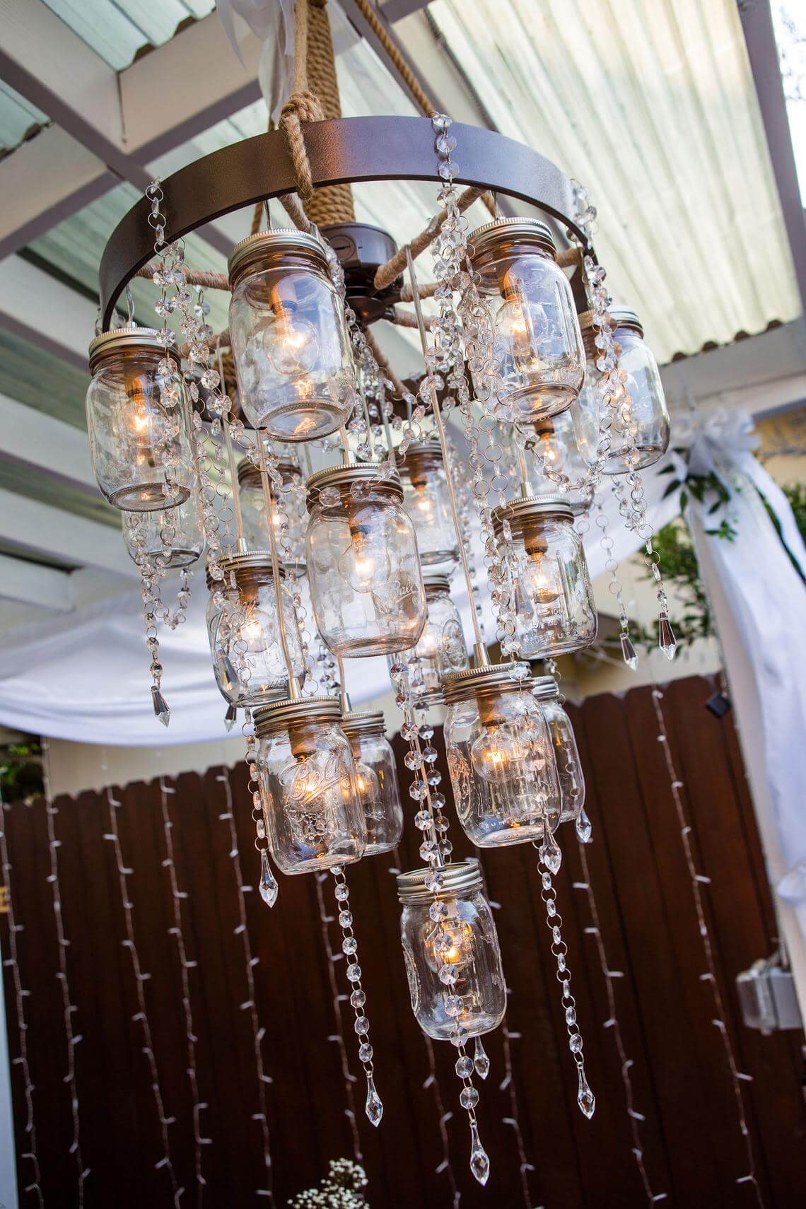 Outdoor Beauty Mason Jar and Beaded Chandelier