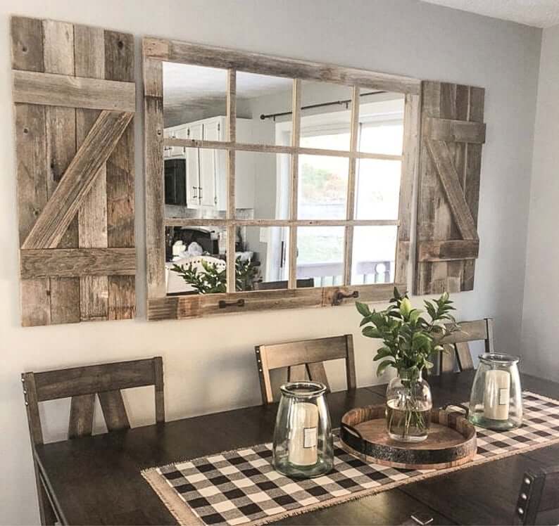 Rustic Barn Wood Shutters and Window Mirror