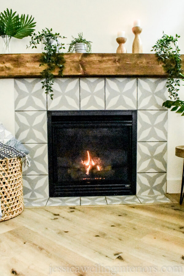 Kaleidoscope Gray and White Tiled Fireplace