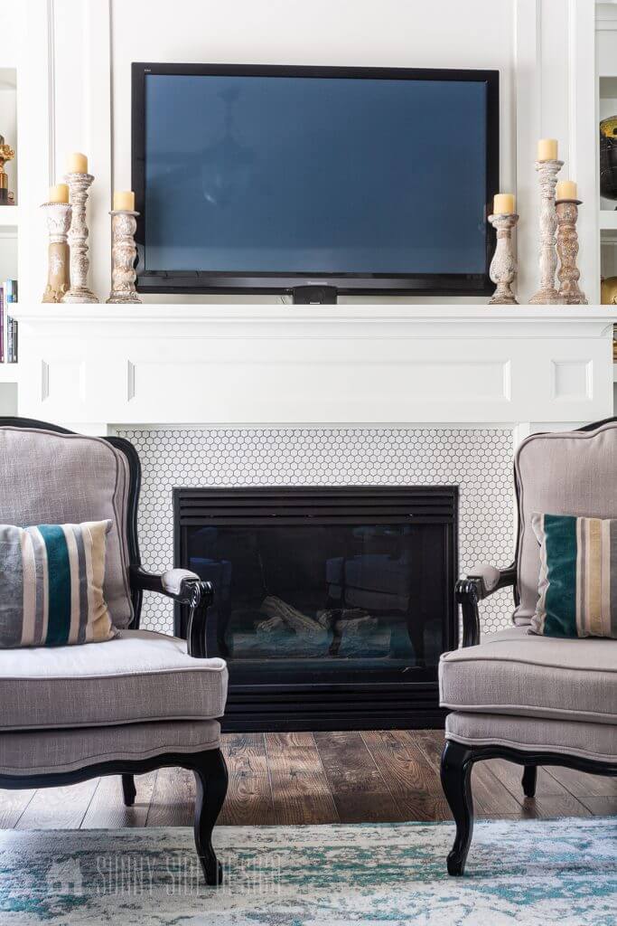 Tiny White Hexagon Covered Modern Fireplace