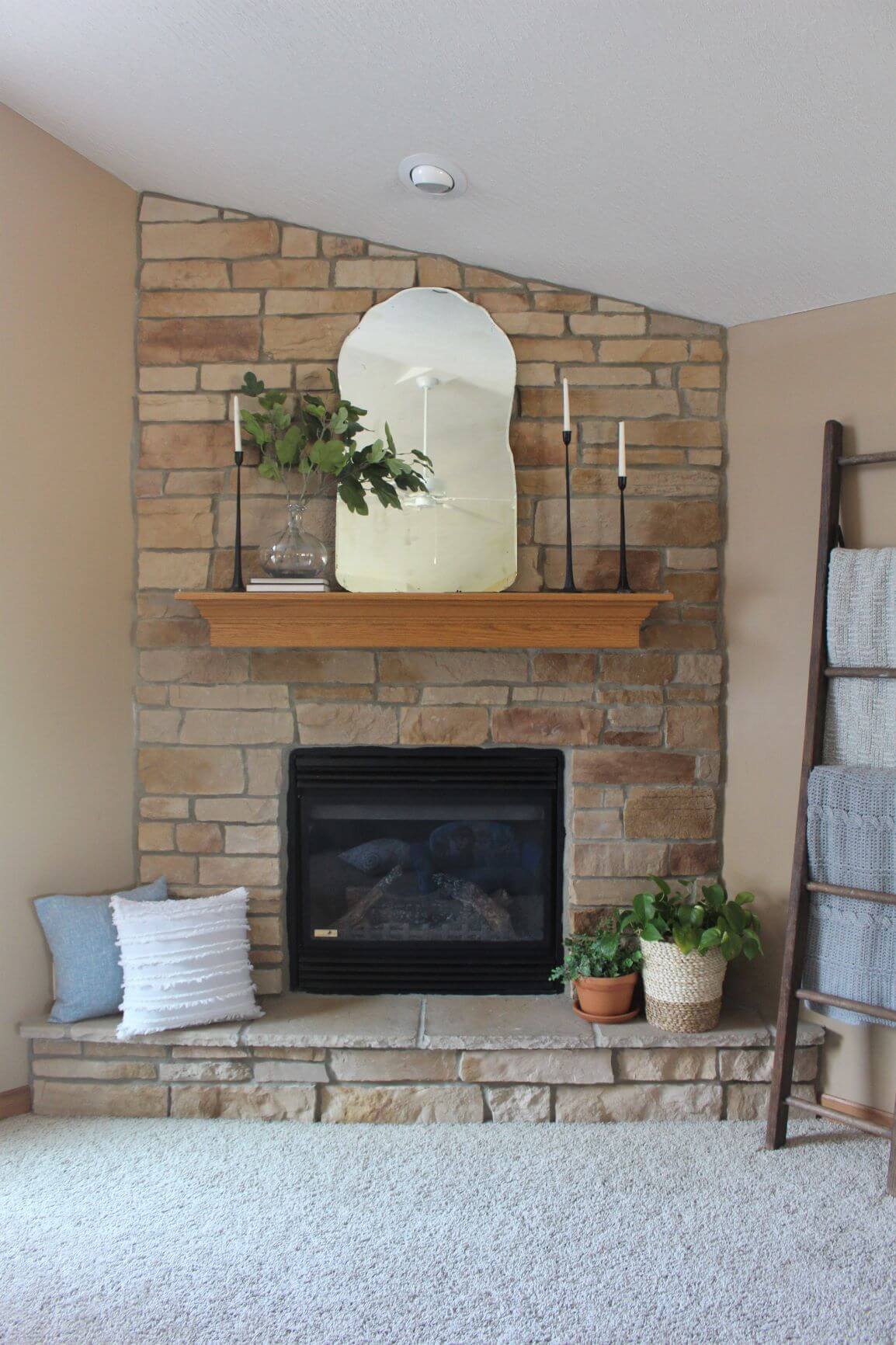 Stunning Stone Facade and Seating Warm Fireplace