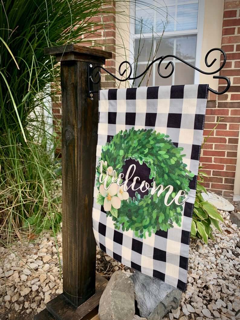 Wooden Porch Post with Flag Stand