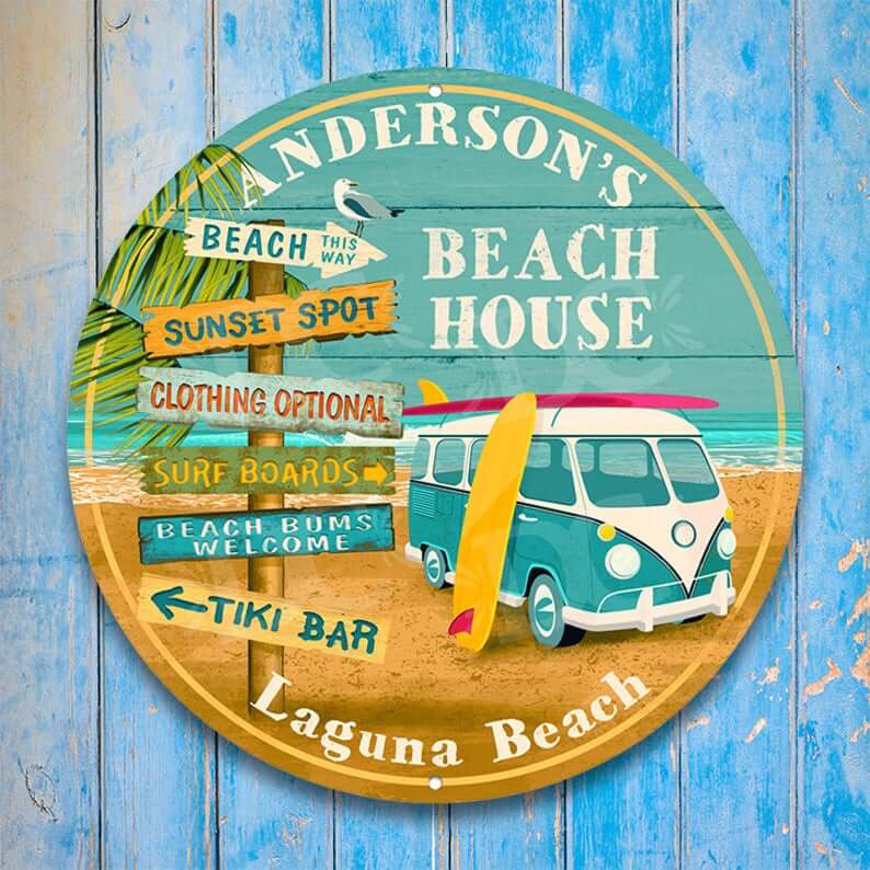 Vintage Beach Bus and Surf Side Sign