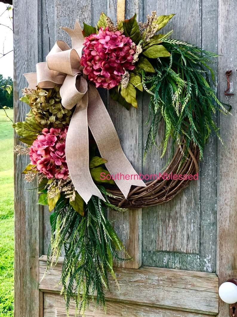 Pink Hydrangea Farmhouse Summer Wreath