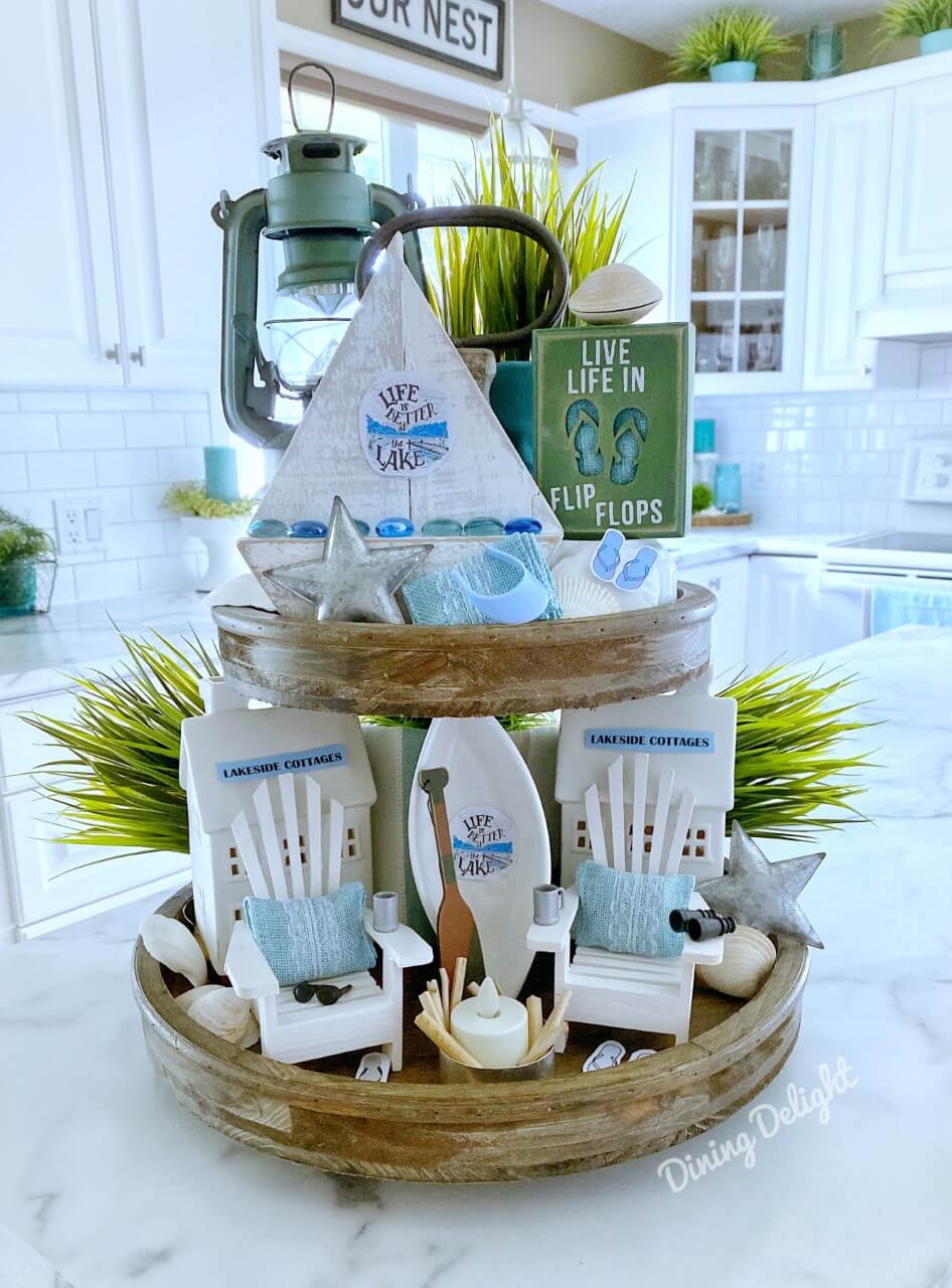 Coastal Summer Tiered Tray Decoration Setup