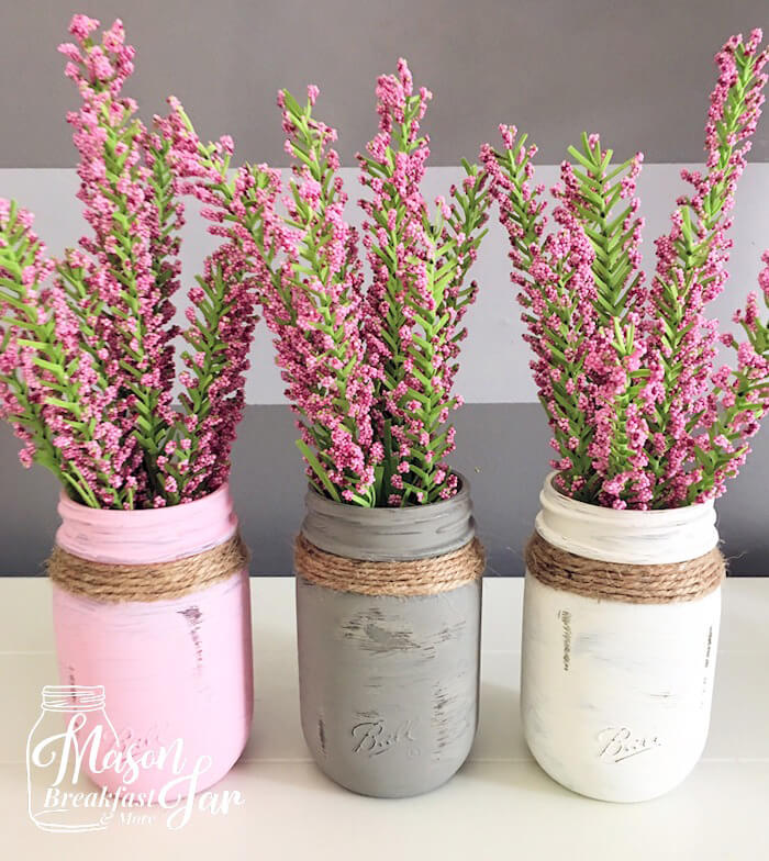 Distressed Painted Mason Jars with String