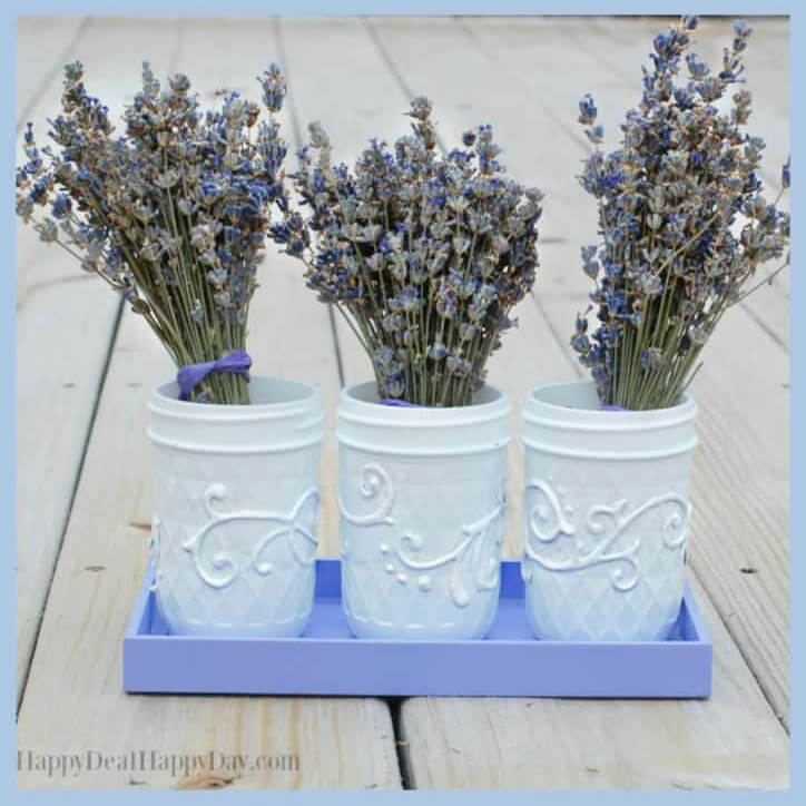 White Painted Jar Trio with Lavender Bunches