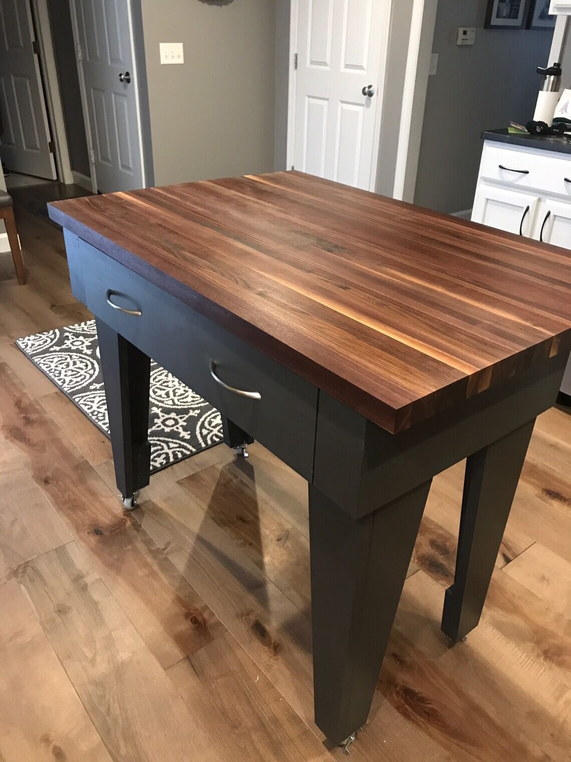 Wheeled Black Island with Butcher Block Top