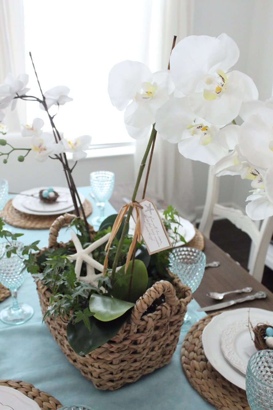 Woven Basket with White Orchids