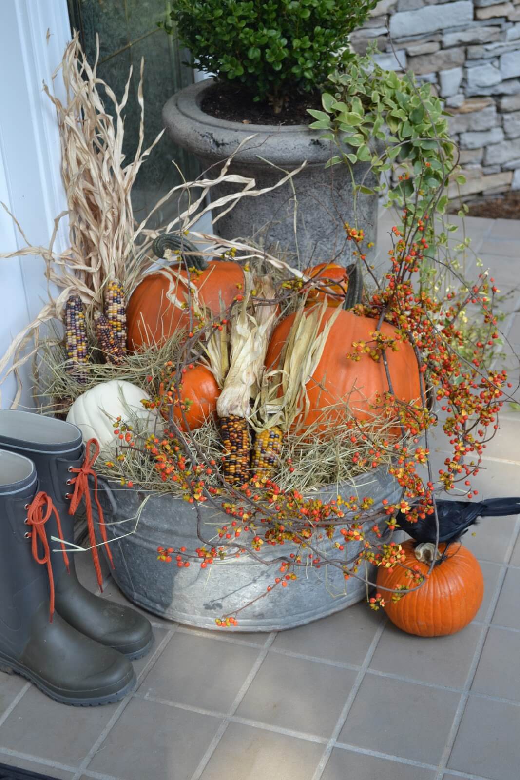 Fall Harvest Pumpkin and Corn Galvanized Tub