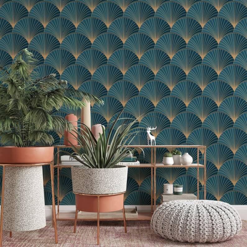 Teal and Gold Fan Peacock Pattern Wallpaper