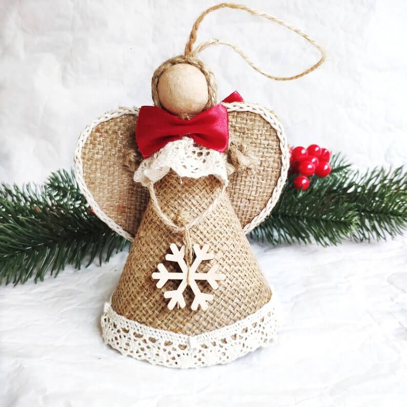 Rustic Red Bow Burlap Angel Ornament