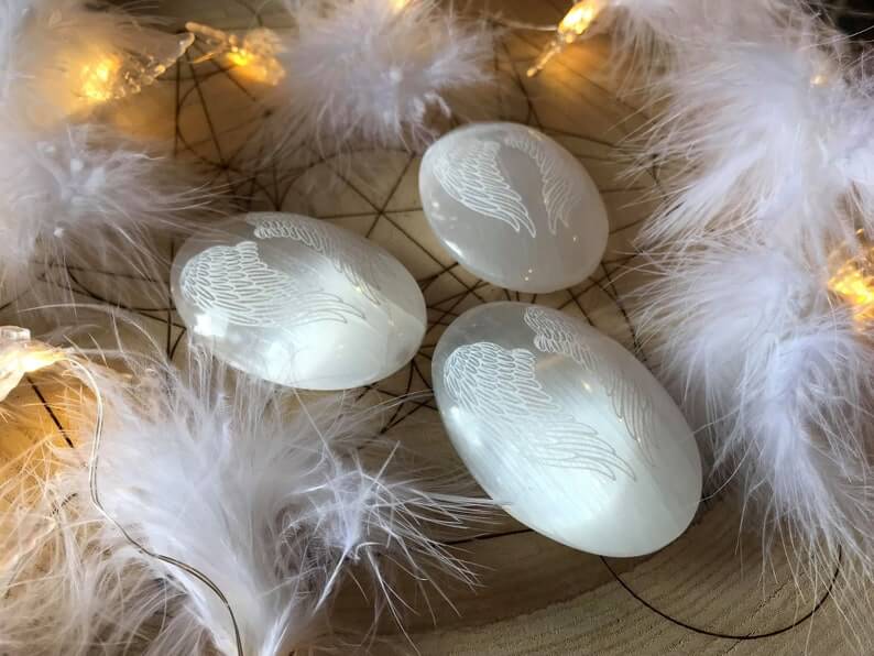 Harmonizing Selenite Healing Angel Wings Palm Stone