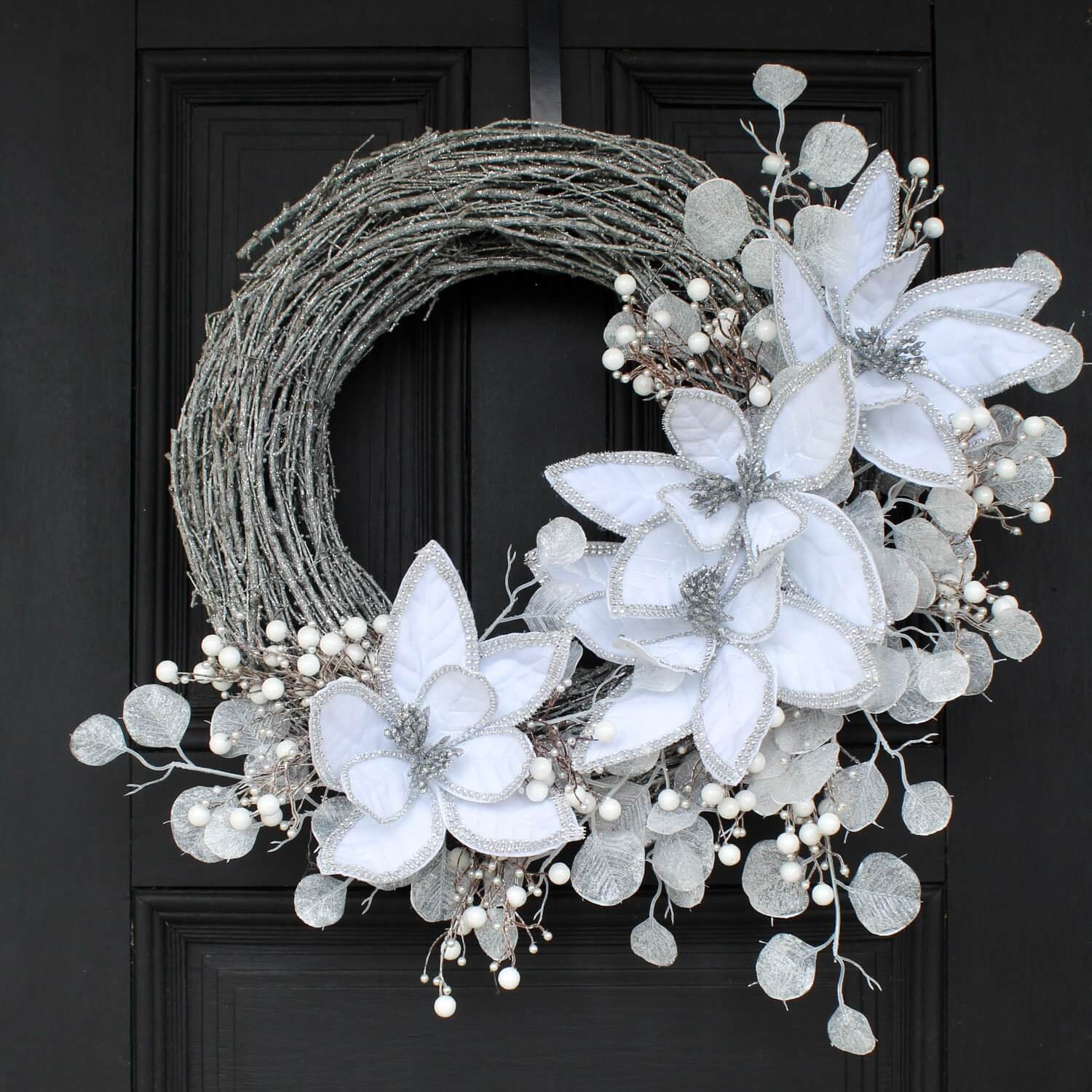 Quiet Snowfall White Velvet Poinsettia Wreath