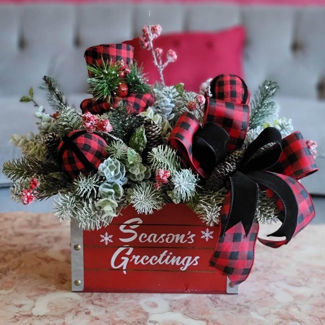 Season's Greetings Buffalo Plaid and Flocked Box