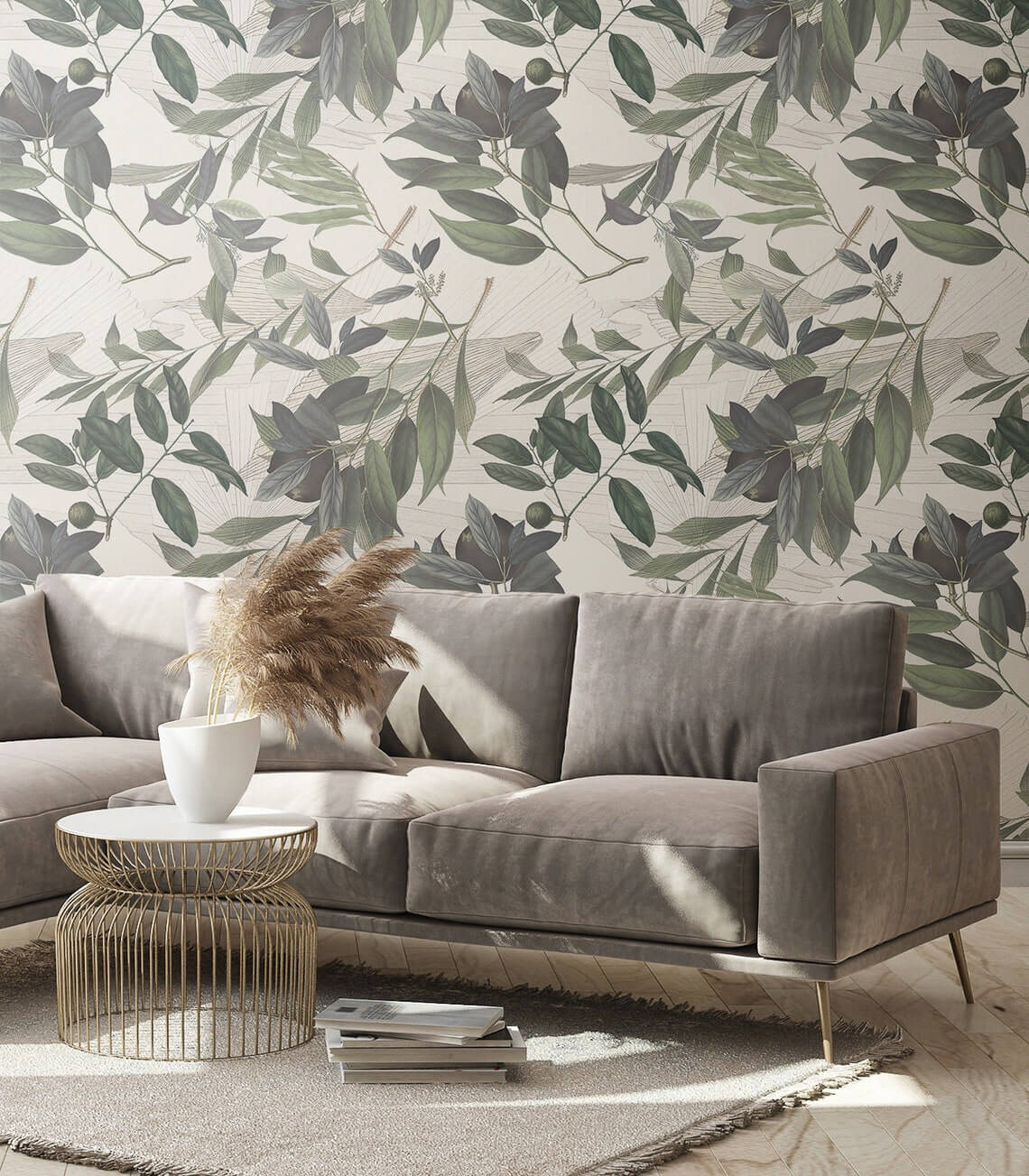 Custom Botanical Olive Green Wallpaper